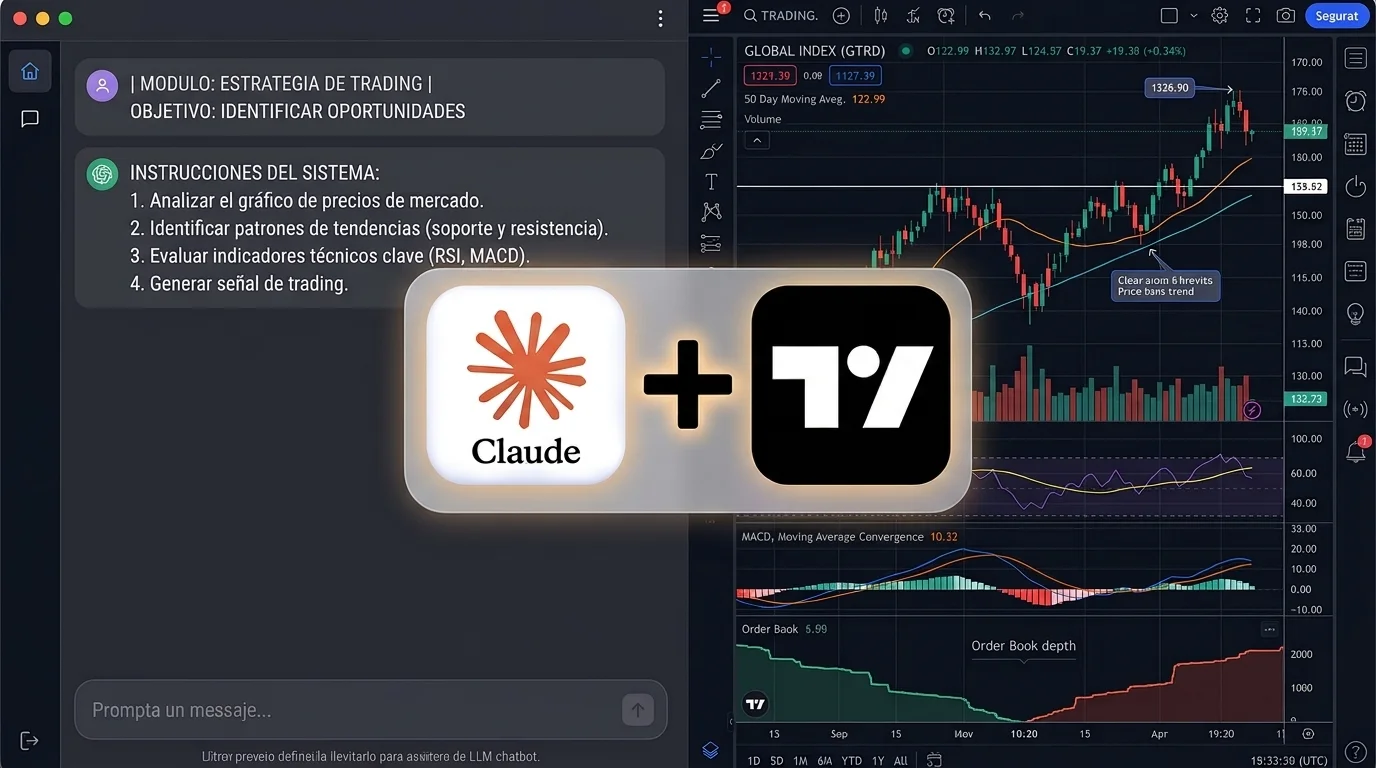 Ventana de chat con instrucciones de análisis junto a un gráfico de TradingView, con los logos de Claude y TradingView unidos por un signo más.